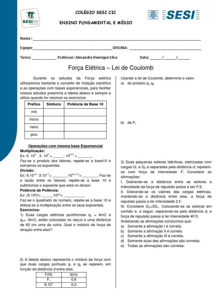 Exercícios sobre Força Elétrica e Coulomb | PDF | Carga elétrica ...