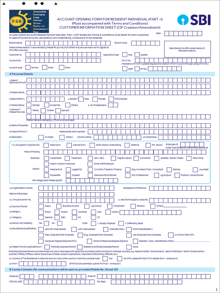 Sbi Ac Opening & Update Form | PDF | Banks | Transaction Account