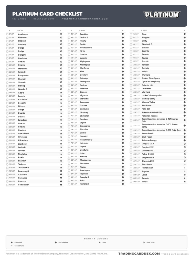 pokemon platinum card list rising rivals Rising Rivals Card List Pokemon Platinum Card Checklist |