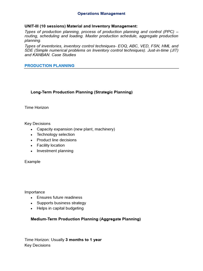 Unit 3 Operations Management | PDF | Inventory | Lean Manufacturing