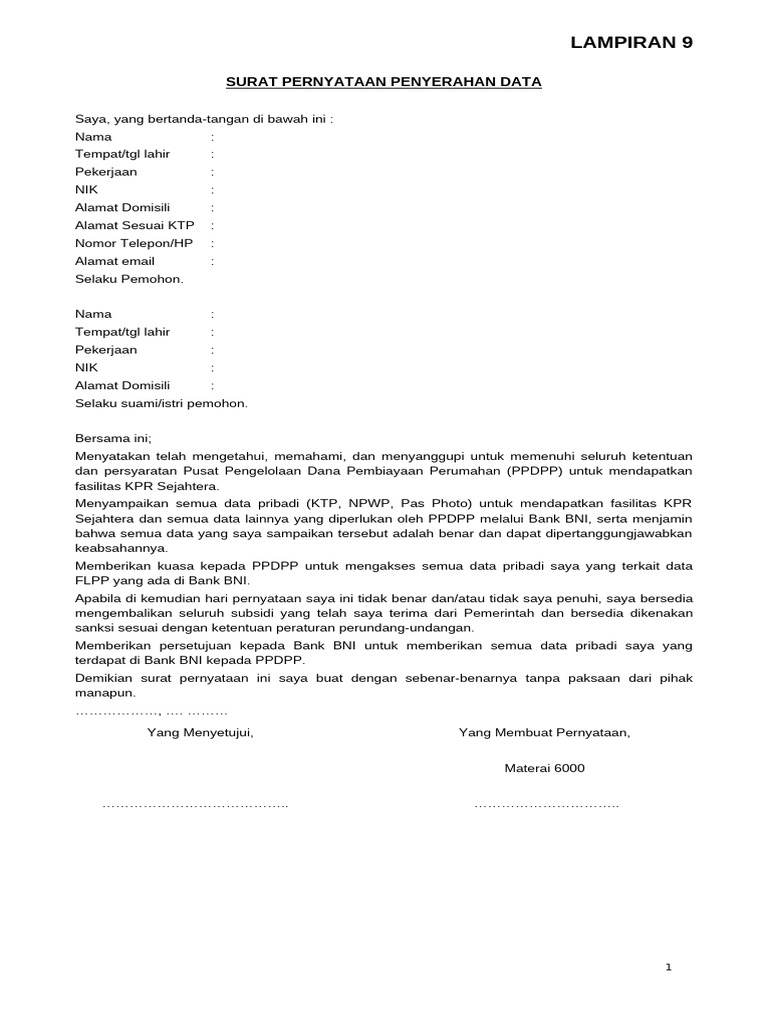 Lampiran 9 - Surat Pernyataan Penyerahan Data | PDF