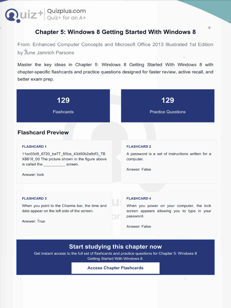 Flashcards for Chapter 5 Windows 8 Getting Started With Windows 8 | PDF