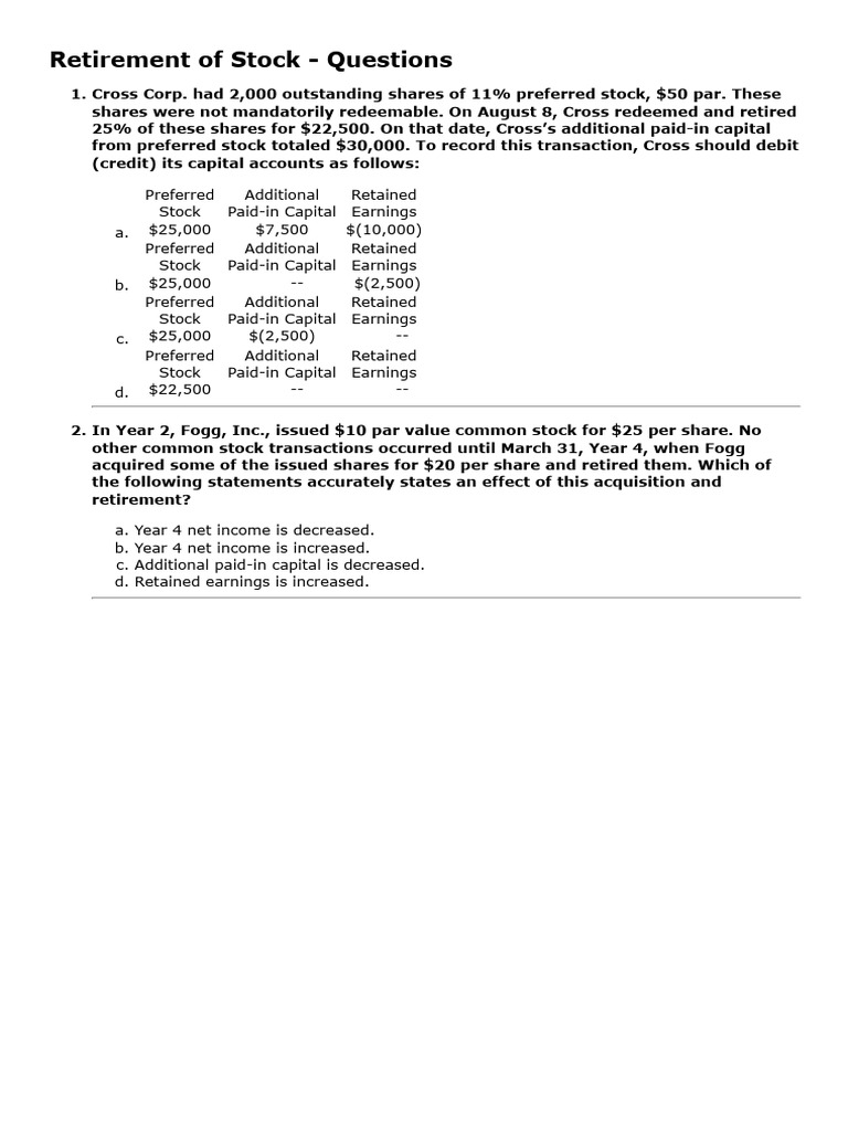 6. Retirement of Stock - Questions | PDF | Debits And Credits ...