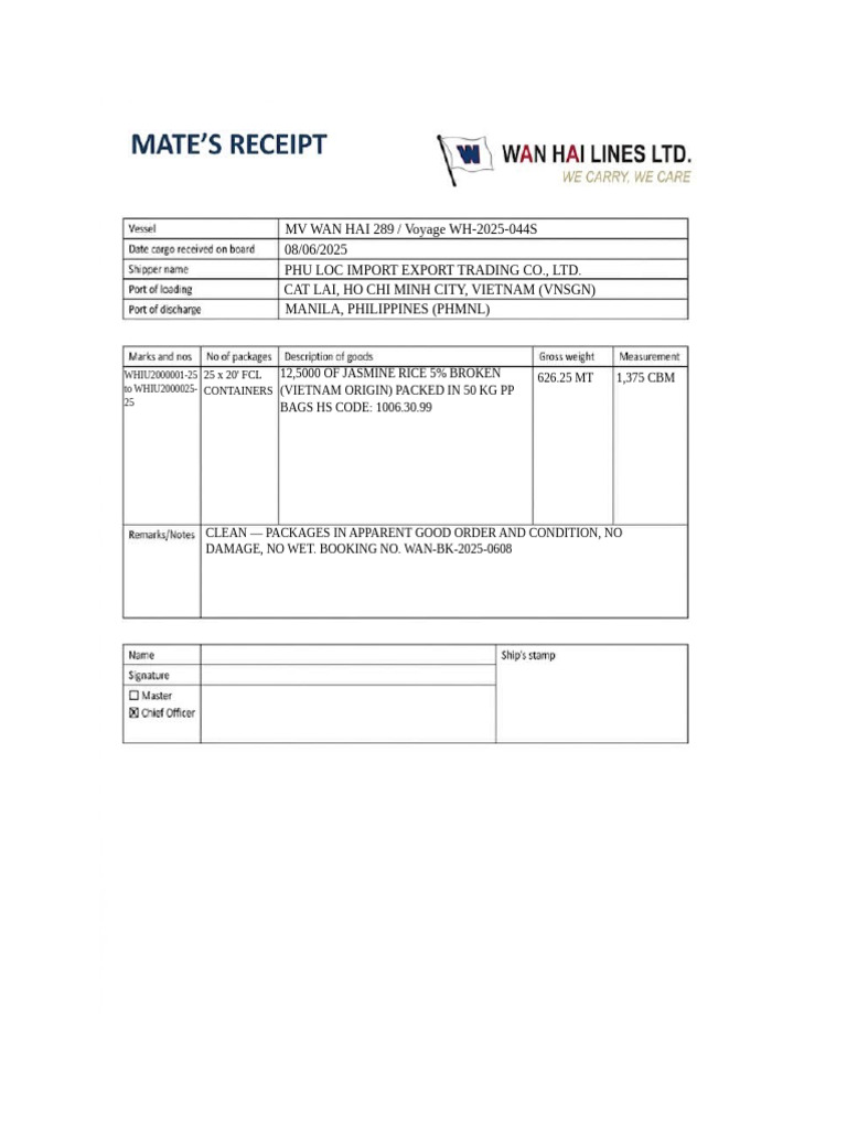 Mate Receipt | PDF