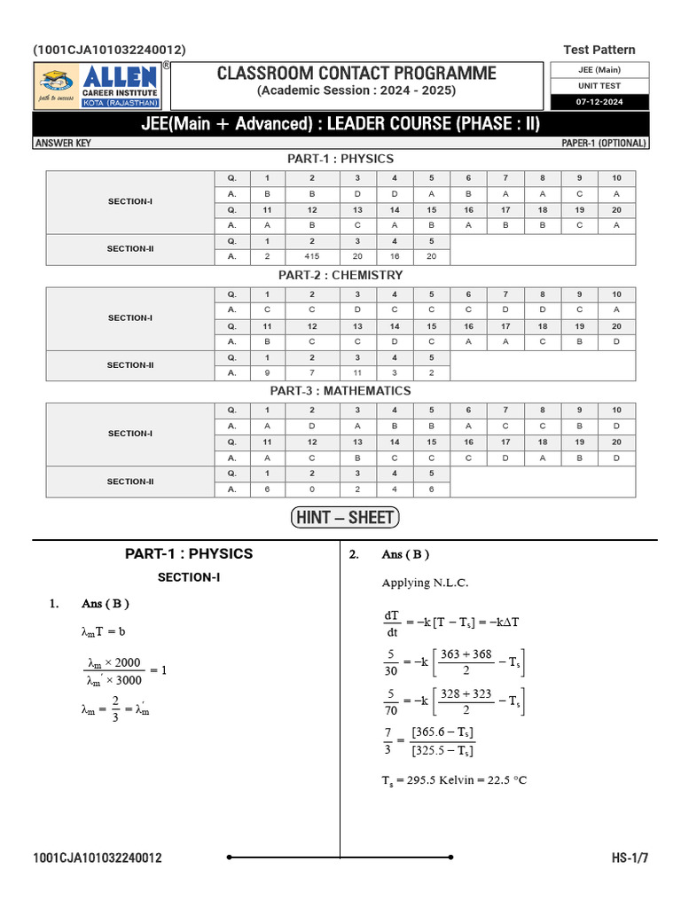 0712 Leader Phase-II Answerkey Solution P | PDF | Applied And ...
