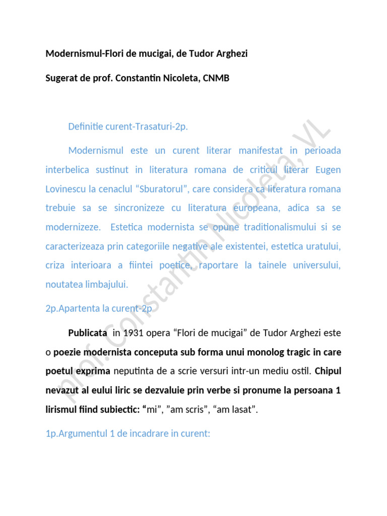 Modernismul - Docx-Flori de Mucigai, Tomna-Final | PDF