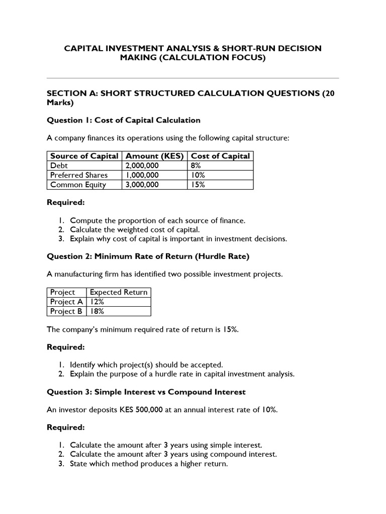 TUTORIAL -CAPITAL INVESTMENT ANALYSIS | PDF | Net Present Value | Cost ...