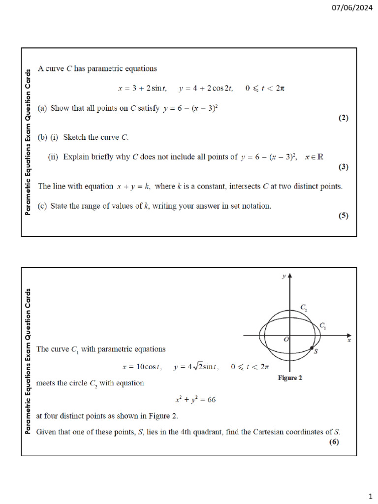 Parametric Equations Exam Question Cards | PDF