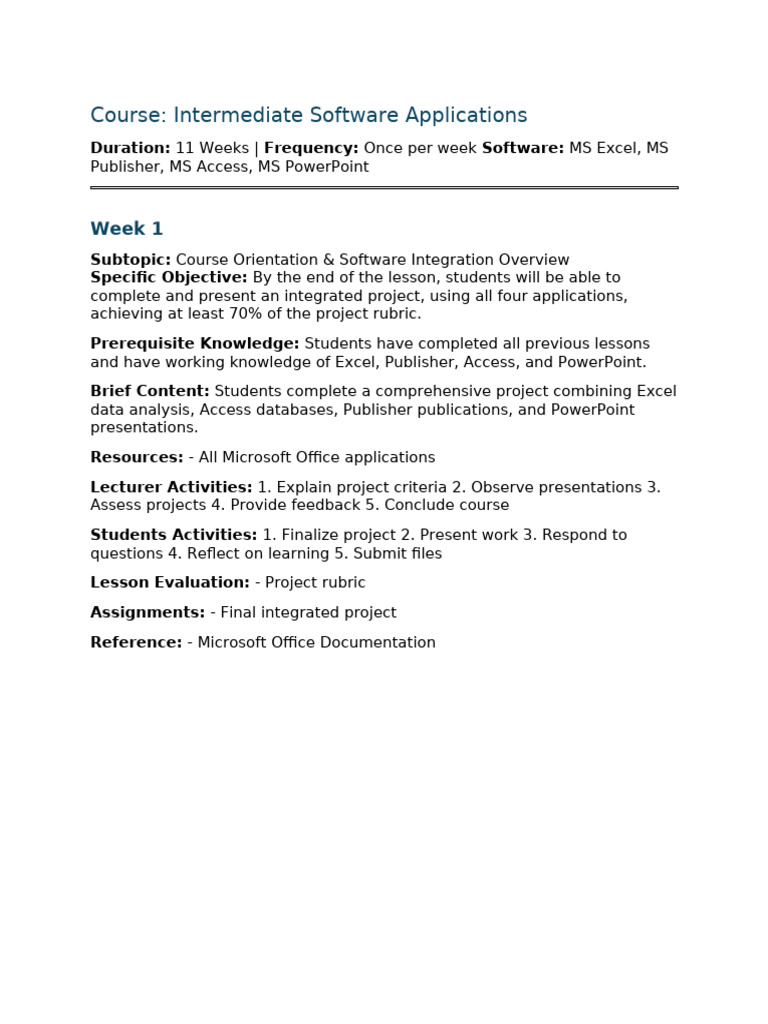 Intermediate Software Applications – 11-Week Lesson Plan | PDF
