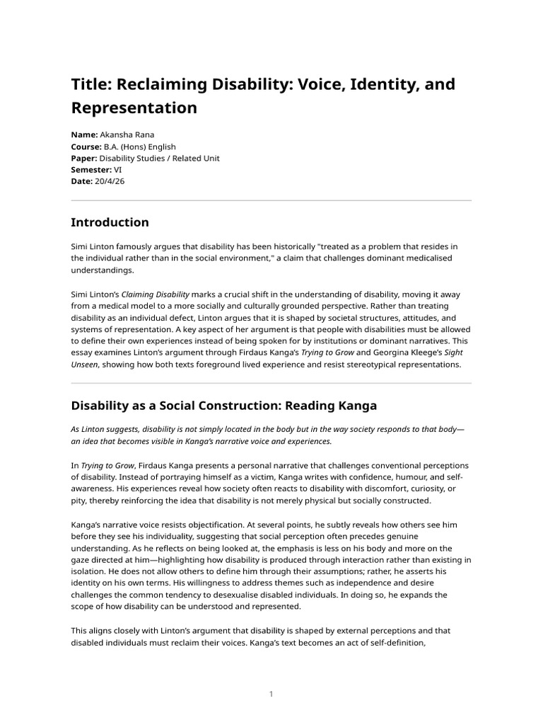 Disability Studies Assignment - Linton (18) | PDF | Disability | Narrative
