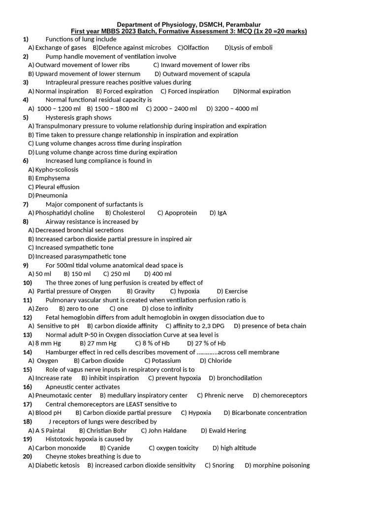 FA3 mcq | PDF | Exhalation | Lung