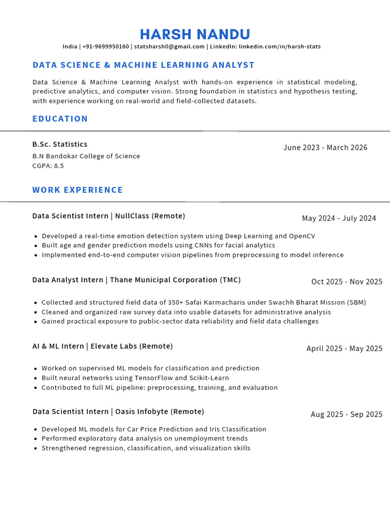 Resume Harsh Nandu | PDF | Machine Learning | Data Science