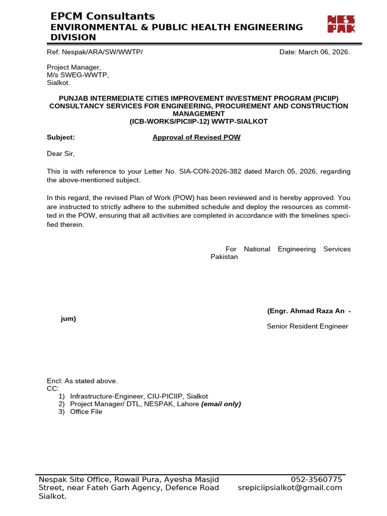20260306 WWTP Approval of Revised POW | PDF