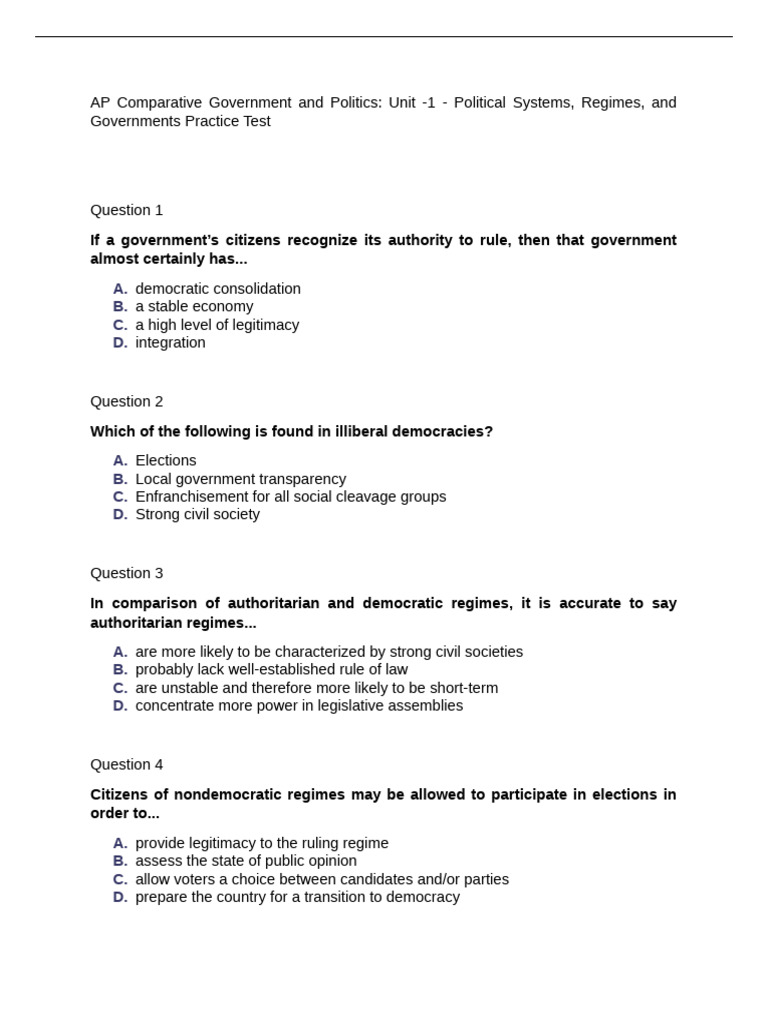 AP Comparative Government and Politics Unit 1 Political Systems Regimes ...