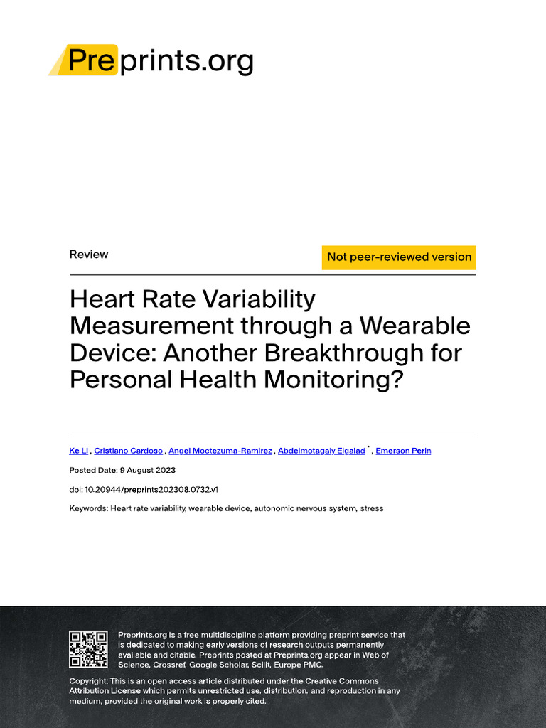 Heart Rate Variability Measurement Through a Weara | PDF | Myocardial ...