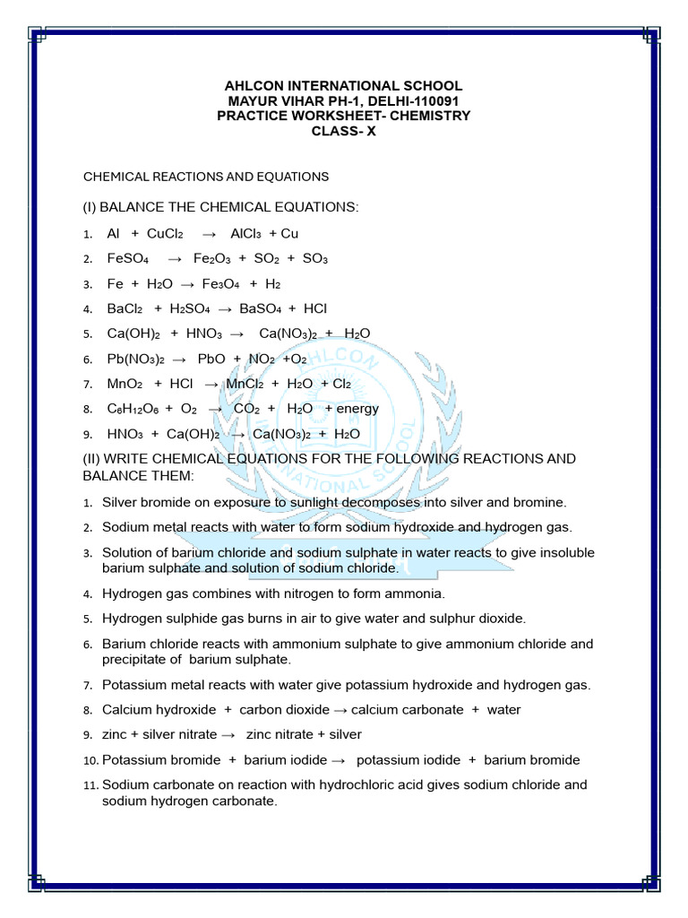 Worksheet Chemical Reactions and Equations | PDF | Chemical Reactions ...