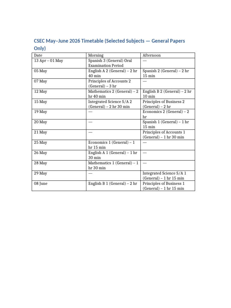 CSEC 2026 Timetable Selected Subjects | PDF