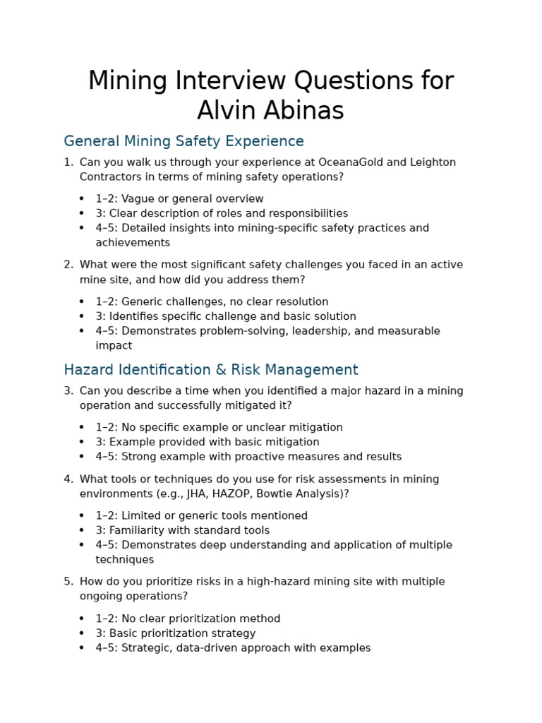Mining Interview Questions Alvin Abinas | PDF | Safety | Risk Management