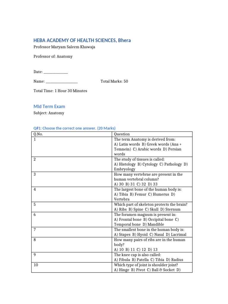 Anatomy Exam Paper Tabular | PDF | Lung | Thorax