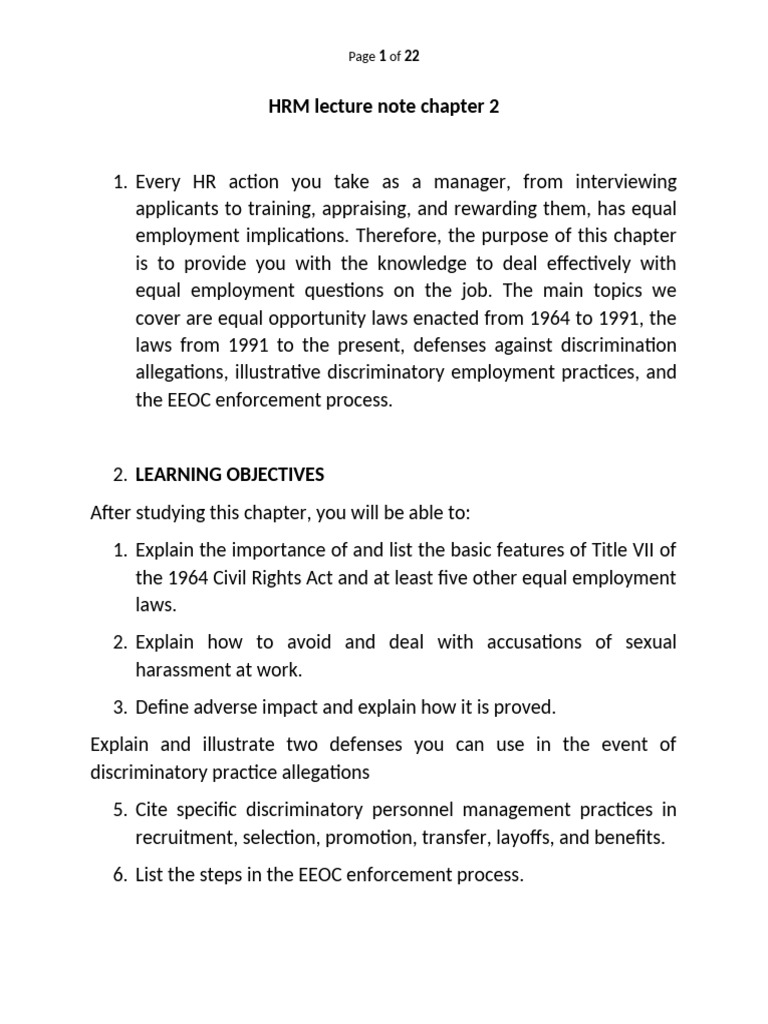 HRM Lecture Note Chapter 2 | PDF | Sexual Harassment | Americans With ...