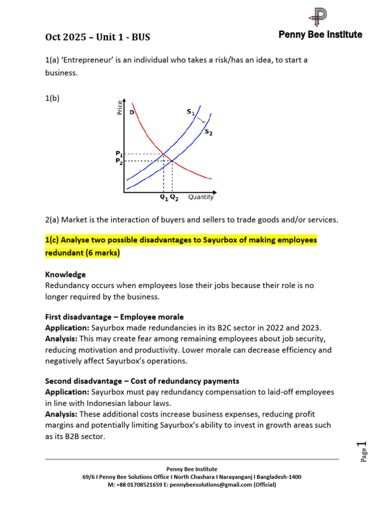 Oct 25 U1 BUS Sample Answers | PDF | Elasticity (Economics) | Demand