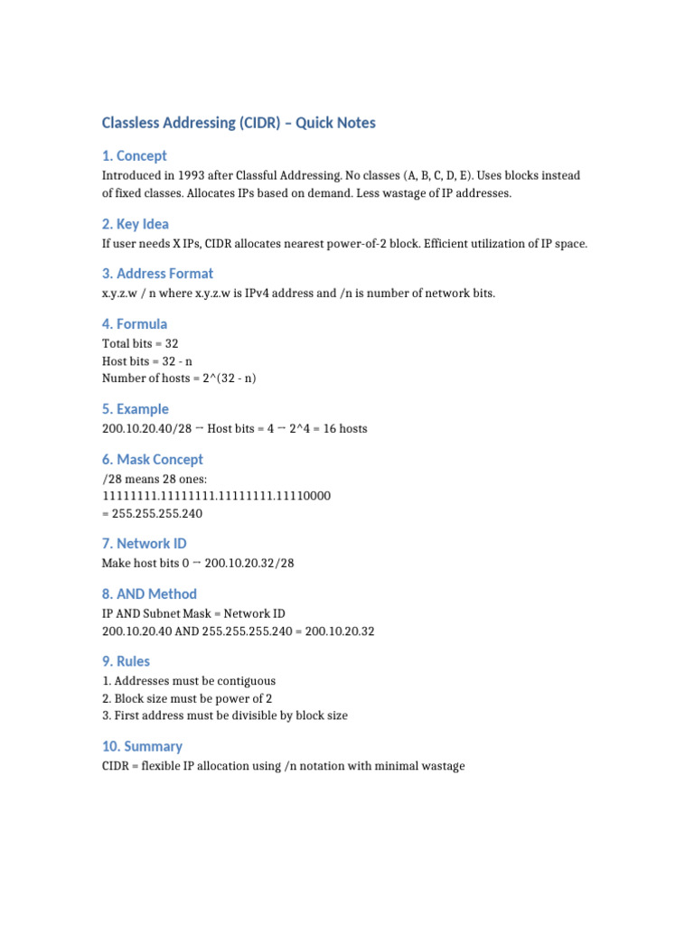 CIDR Classless Addressing Notes | PDF