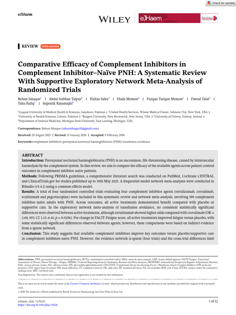 eJHaem - 2026 - Ishaque - Comparative Efficacy of Complement Inhibitors ...