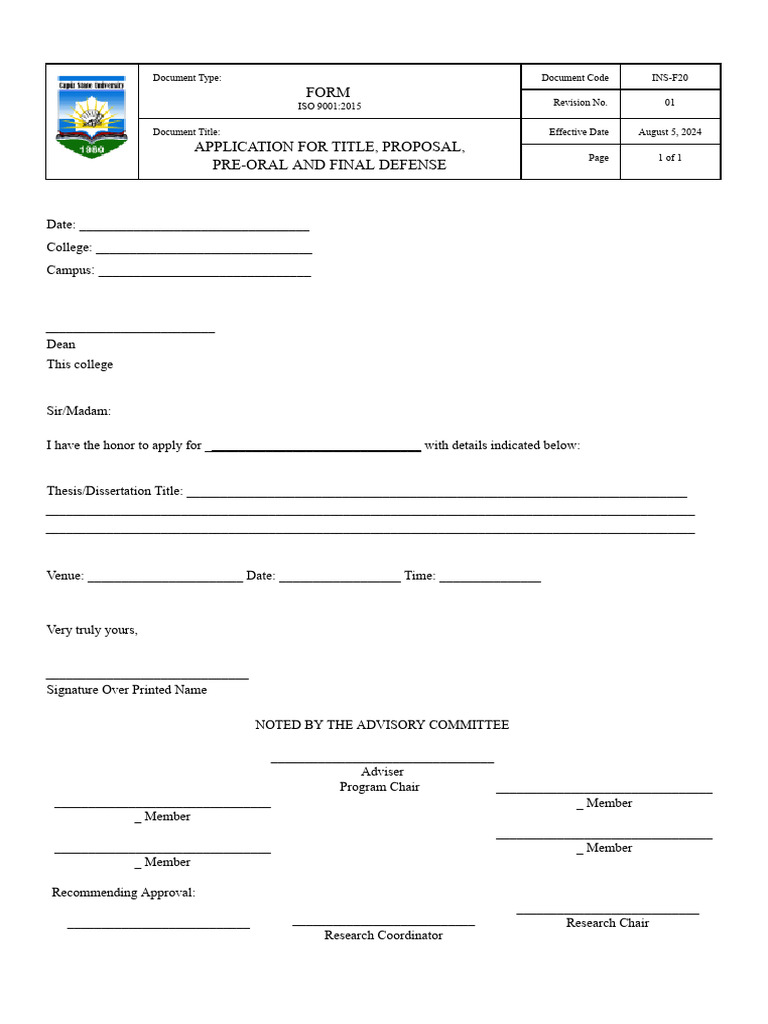 INS F20 (Application for Titles, Proposal, Pre-Oral and Final Defense ...
