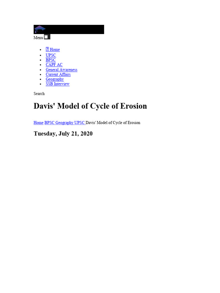 Davis' Model of Cycle of Erosion PDF | PDF | Valley | Erosion