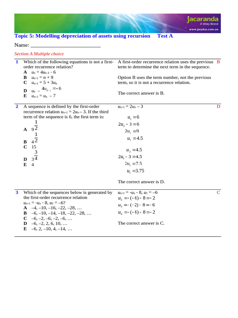 CH 7 - Test 1 - Answers | PDF | Depreciation | Recurrence Relation
