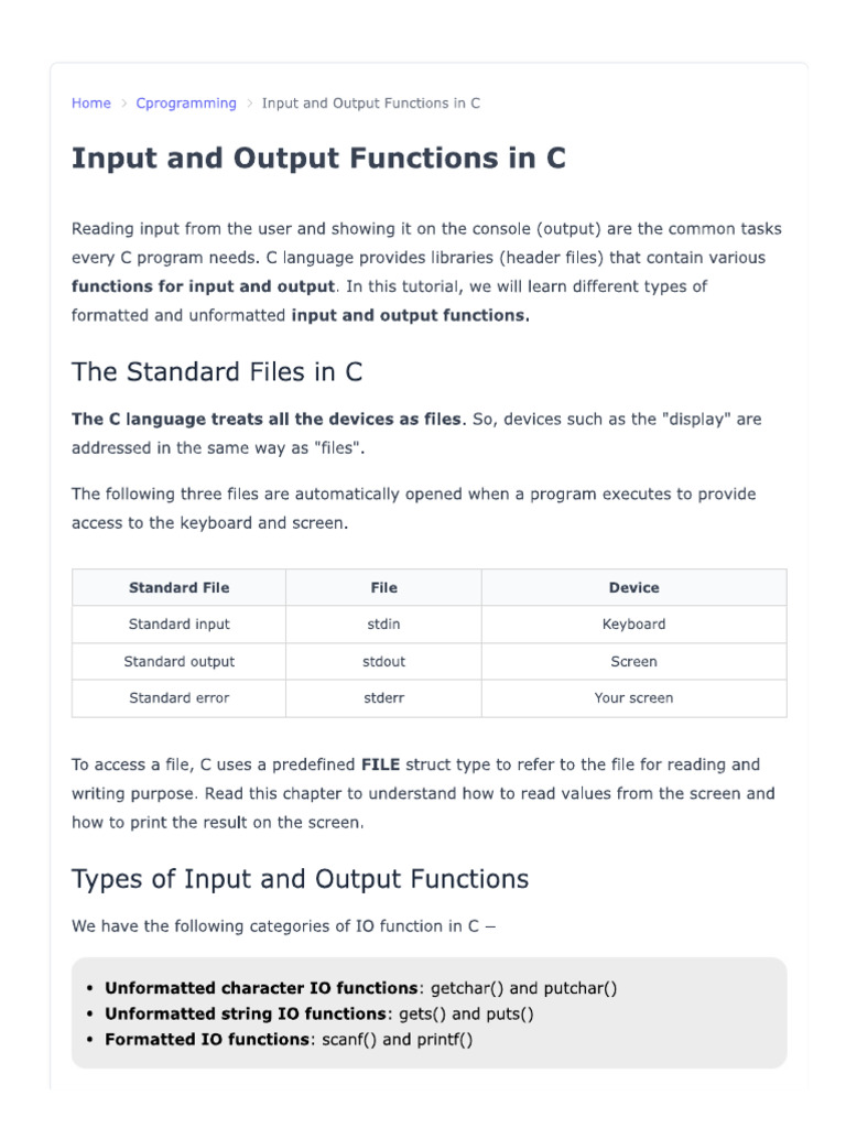 Basic Input Output in C | PDF
