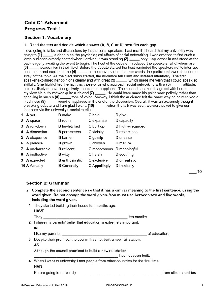 Gold C1 Advanced Progress Test 1 | PDF | Conversation