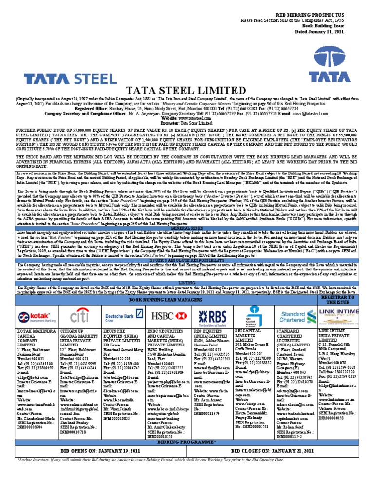 Tata Steel LTD RHP | PDF | Securities Act Of 1933 | Securities (Finance)