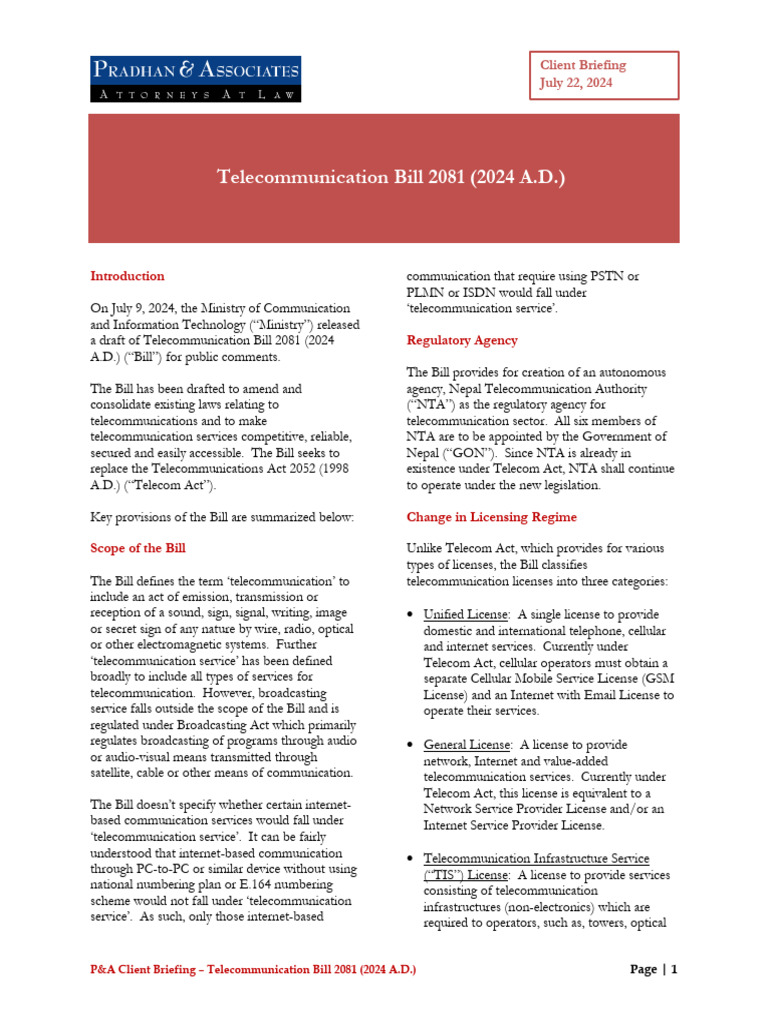 Telecommunication Bill | PDF | Telecommunications | Foreign Direct ...