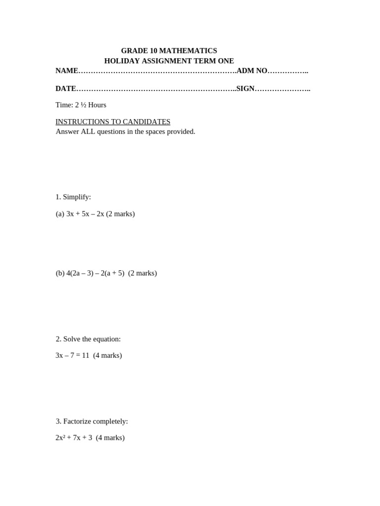 Grade 10 Mathematics Holiday Assignment | PDF