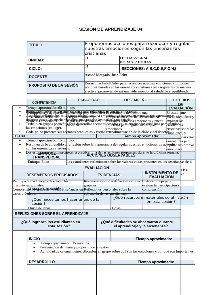 SESIÓN DE APRENDIZAJE 04 primero | PDF | Las emociones | Evaluación