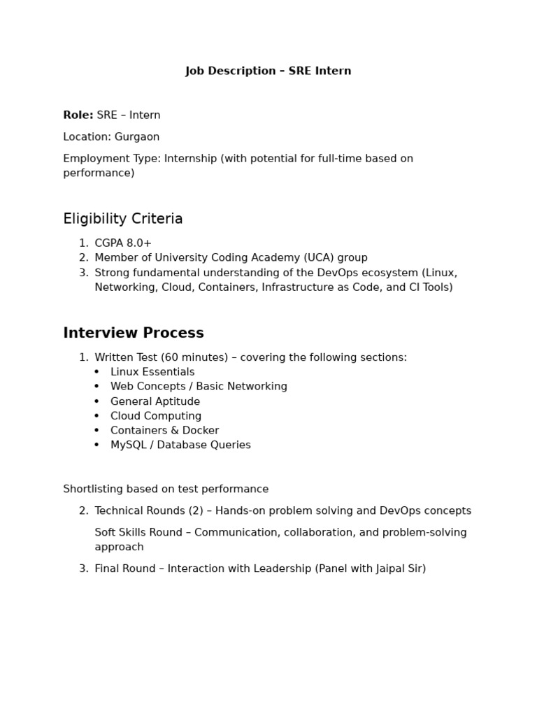 Job Description - SRE - Intern | PDF | Cloud Computing | Cognitive Science