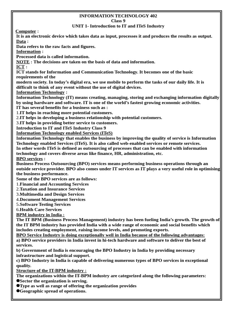 Class9 Unit 1-5 Notes | PDF | Spreadsheet | Computer Keyboard