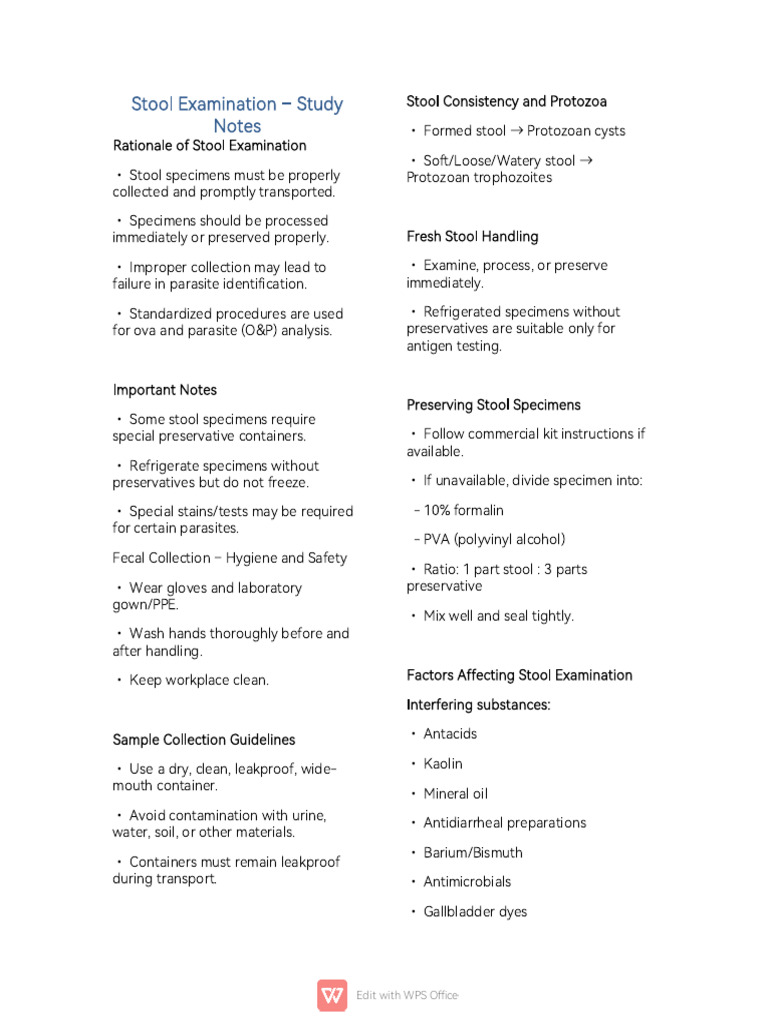 Stool Examination Study Notes | PDF | Staining | Human Feces