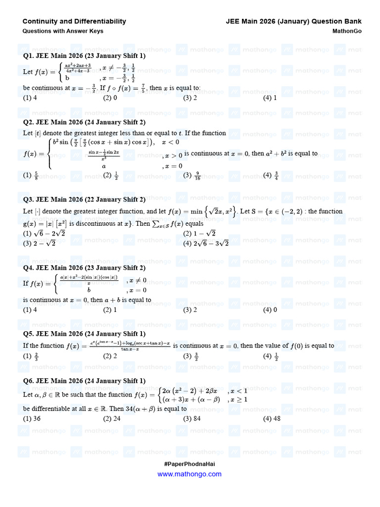 Continuity and Differentiability - JEE Main 2026 (Jan) - MathonGo | PDF ...