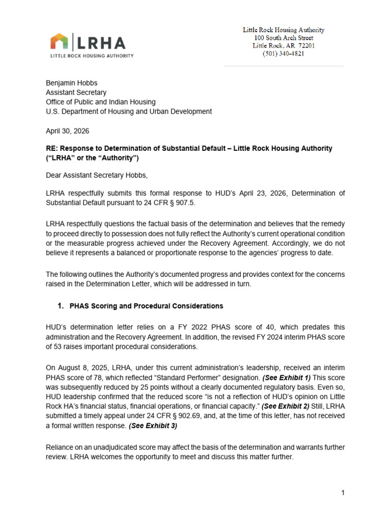 AR004 - LRHA Response HUD Determination of Substantial Default | PDF