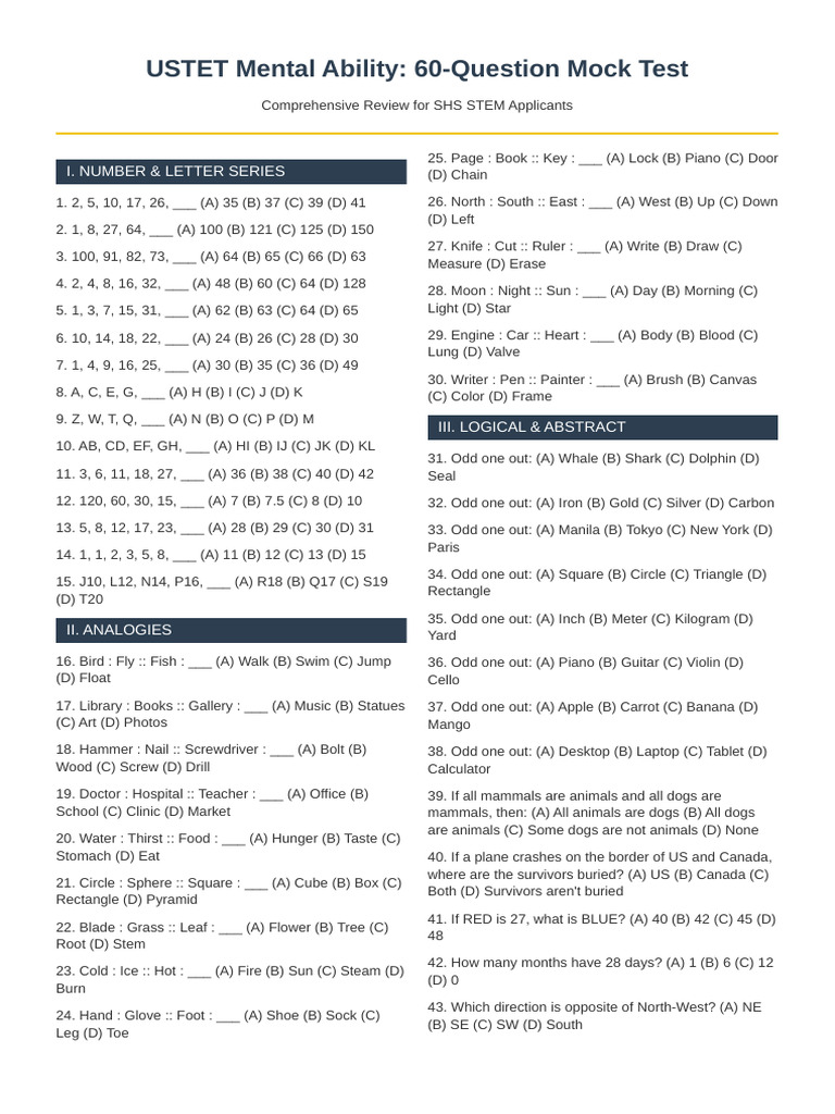 USTET Mental Ability 60Q Reviewer | PDF