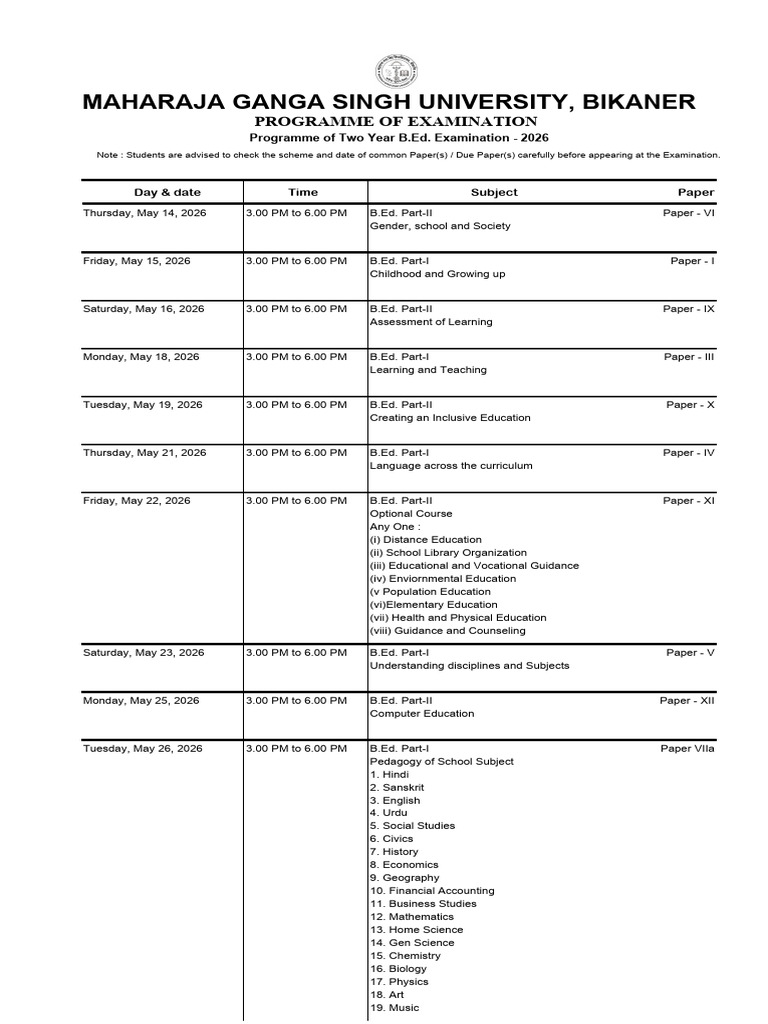 B.ed. Examination 2026 | PDF