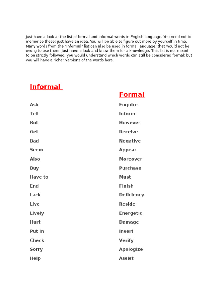 Formal and Informal Words | PDF