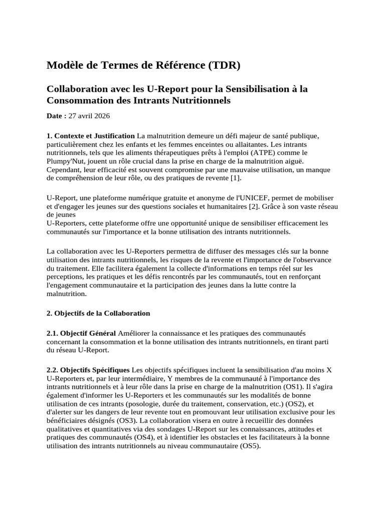 Modèle de Termes de Référence (TDR) | PDF | Malnutrition