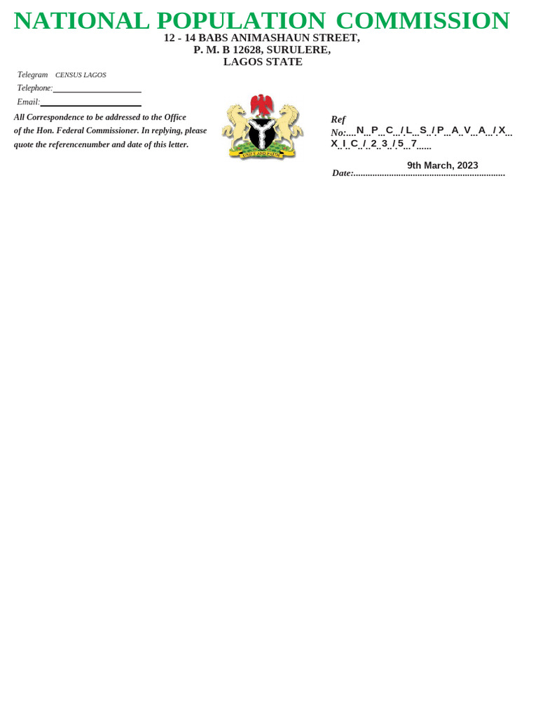 National Population Commission Letter Head Without Sign | PDF