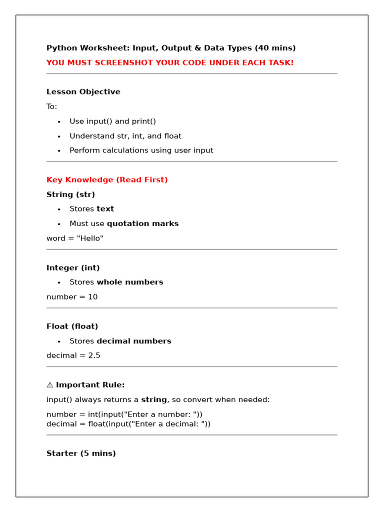 Cover Lesson Python Tasks Y9 | PDF | Integer (Computer Science) | Data Type