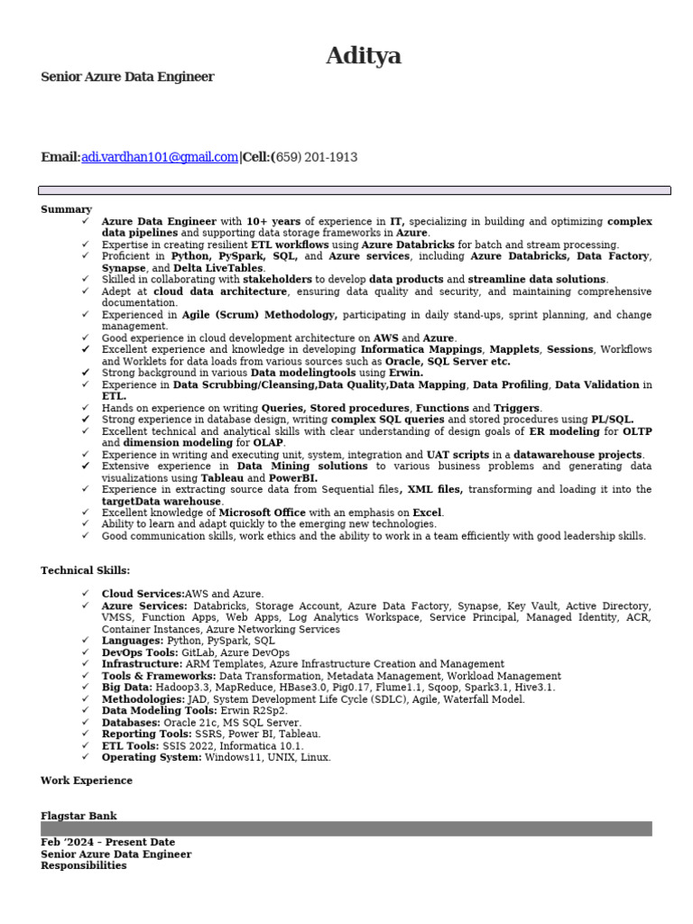 Aditya - Senior Azure Data Engineer | PDF | Microsoft Azure | Apache Spark
