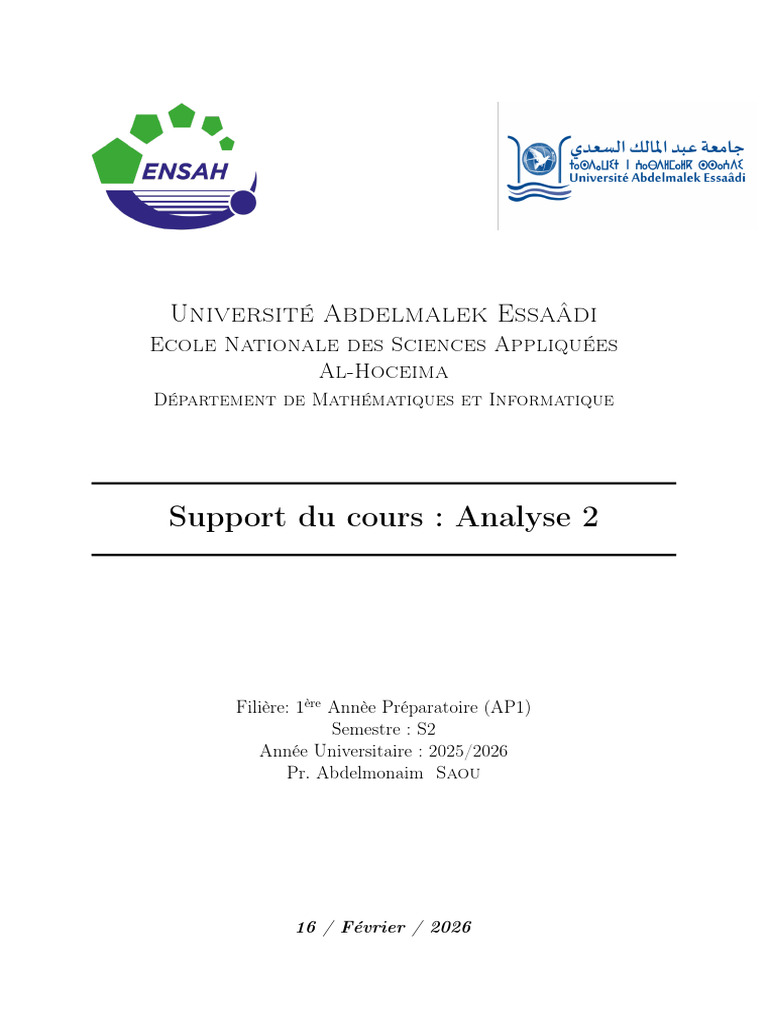 Analyse 2 Chap1 AP1 S2 ENSAH 25 26 | PDF | Intégral | Mathématiques