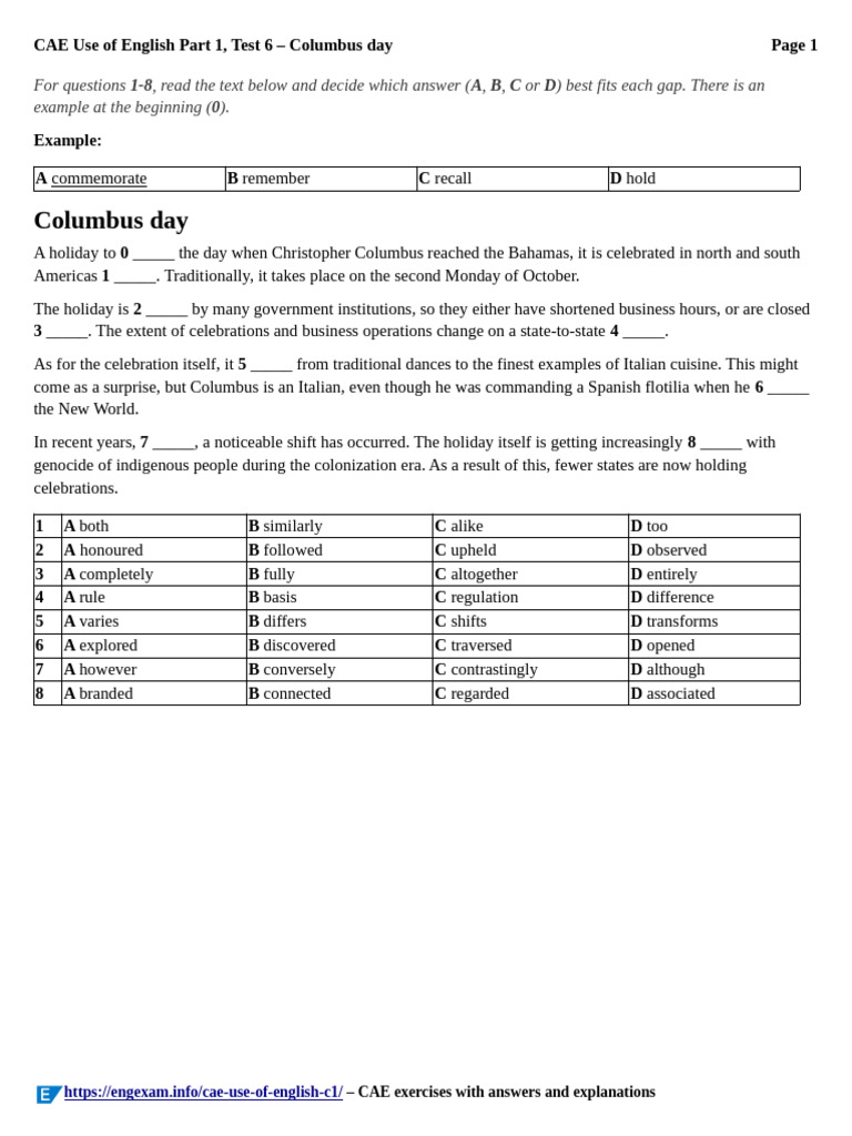 CAE Use of English Part 1, Test 6 - Columbus Day | PDF | Linguistics